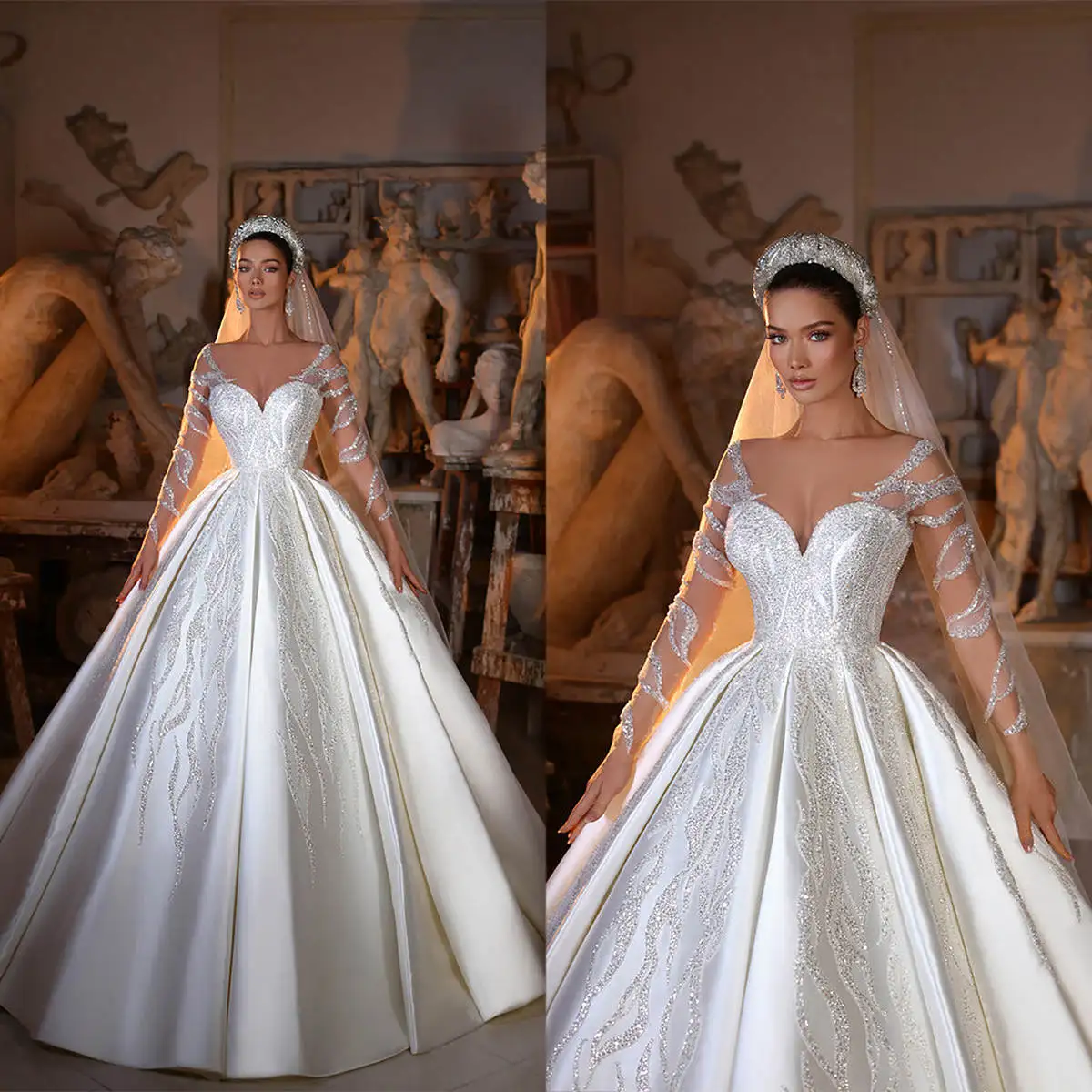 Luxury A Line Wedding Dress With Veil Sweetheart Lace Long Sleeve Bride Gowns Beaded Sweep Train Satin Bridal Dresses
Luxury A Line Wedding Dress With Veil Sweetheart Lace Long Sleeve Bride Gowns Beaded Sweep Train Satin Bridal Dresses