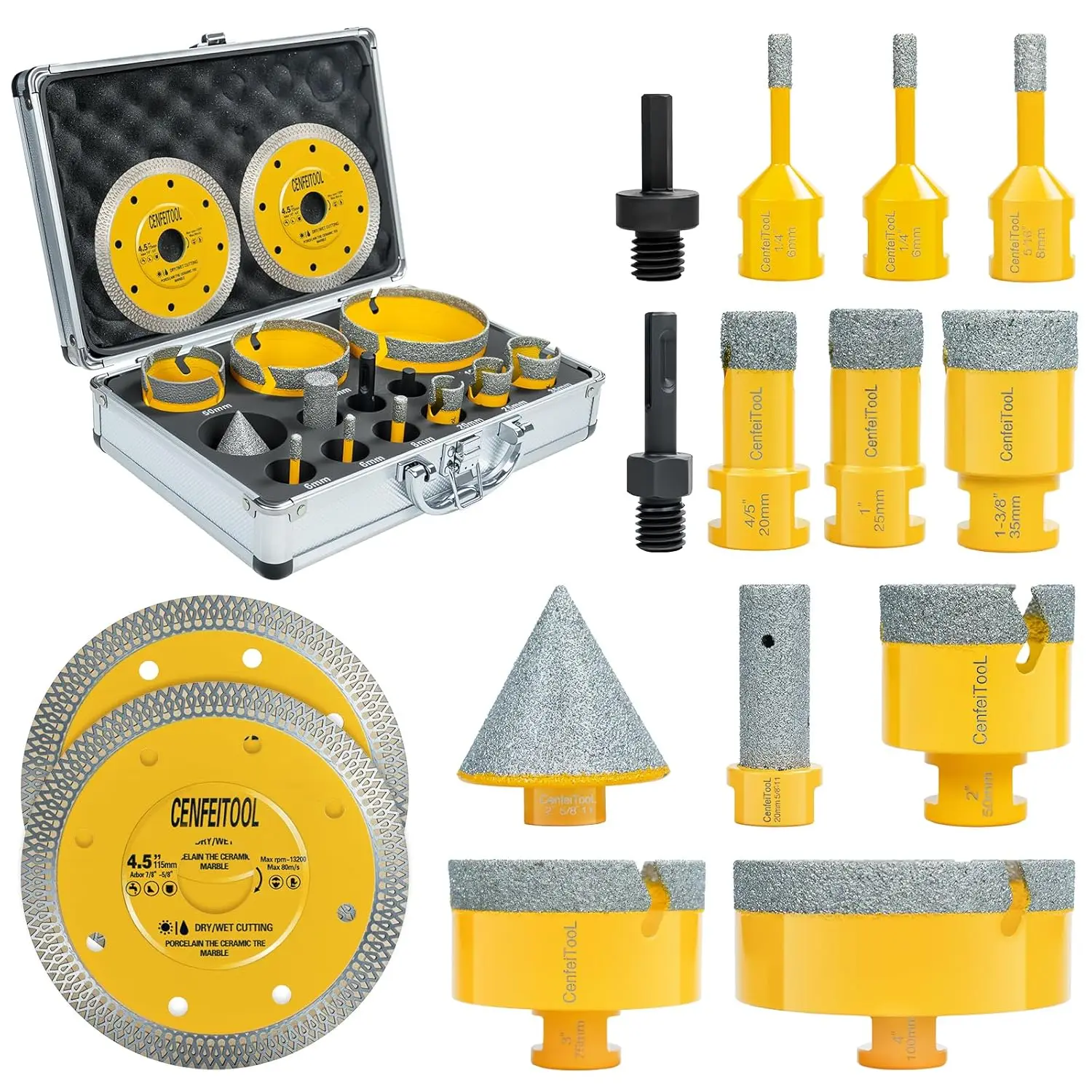 Upgrade 15PCS Diamond Tile Hole Saw Kit: Drill Bits 5/8-11,Includes Finger Bit,Chamfer Bit,Cutting Disc,SDS Adapter
Upgrade 15PCS Diamond Tile Hole Saw Kit: Drill Bits 5/8-11,Includes Finger Bit,Chamfer Bit,Cutting Disc,SDS Adapter