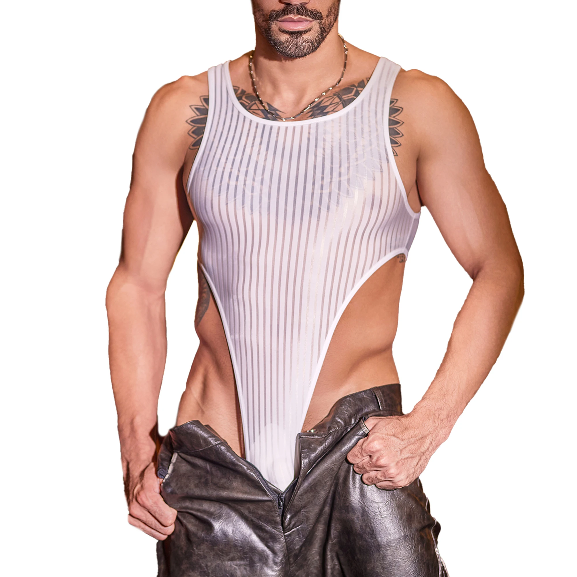 Men Sleeveless Breathable High Cut Bodysuits Pajamas Transparent Striped Stretchy Leotard One-pieces Wrestling Singlet Underwear
Men Sleeveless Breathable High Cut Bodysuits Pajamas Transparent Striped Stretchy Leotard One-pieces Wrestling Singlet Underwear