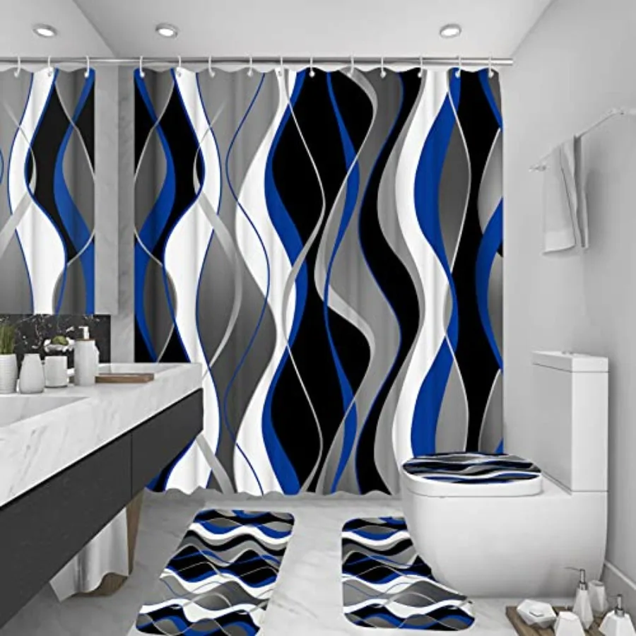 4Pcs Blue Shower Curtain Sets with Non-Slip Rugs Toilet Lid Cover and Bath Mat Black and Gray Bathroom Decor Set Accessories Fa
4Pcs Blue Shower Curtain Sets with Non-Slip Rugs Toilet Lid Cover and Bath Mat Black and Gray Bathroom Decor Set Accessories Fa
