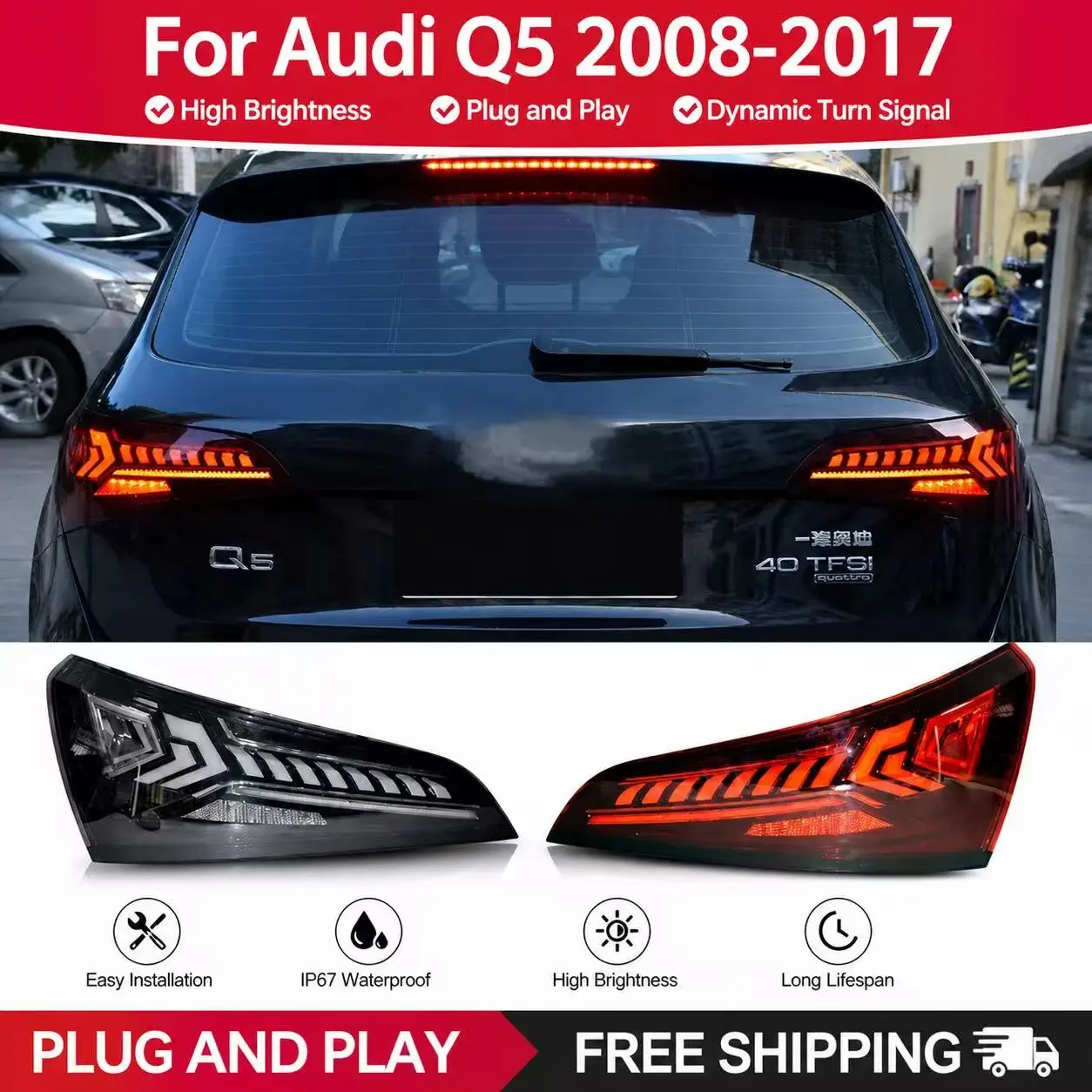 For 2008-2017 Audi Q5, SQ5 taillight 8RLED taillights, improved Q7 design, dynamic signal lights, automotive accessories
For 2008-2017 Audi Q5, SQ5 taillight 8RLED taillights, improved Q7 design, dynamic signal lights, automotive accessories