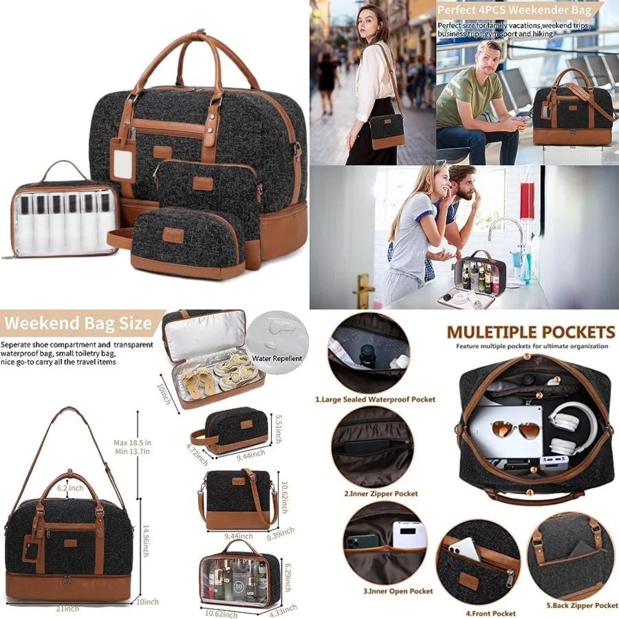 4PCS Weekender Bags for Women Large Overnight Weekend Travel Duffel Carry on Shoulder with Shoe Compartment Canvas Toiletry Bag
4PCS Weekender Bags for Women Large Overnight Weekend Travel Duffel Carry on Shoulder with Shoe Compartment Canvas Toiletry Bag