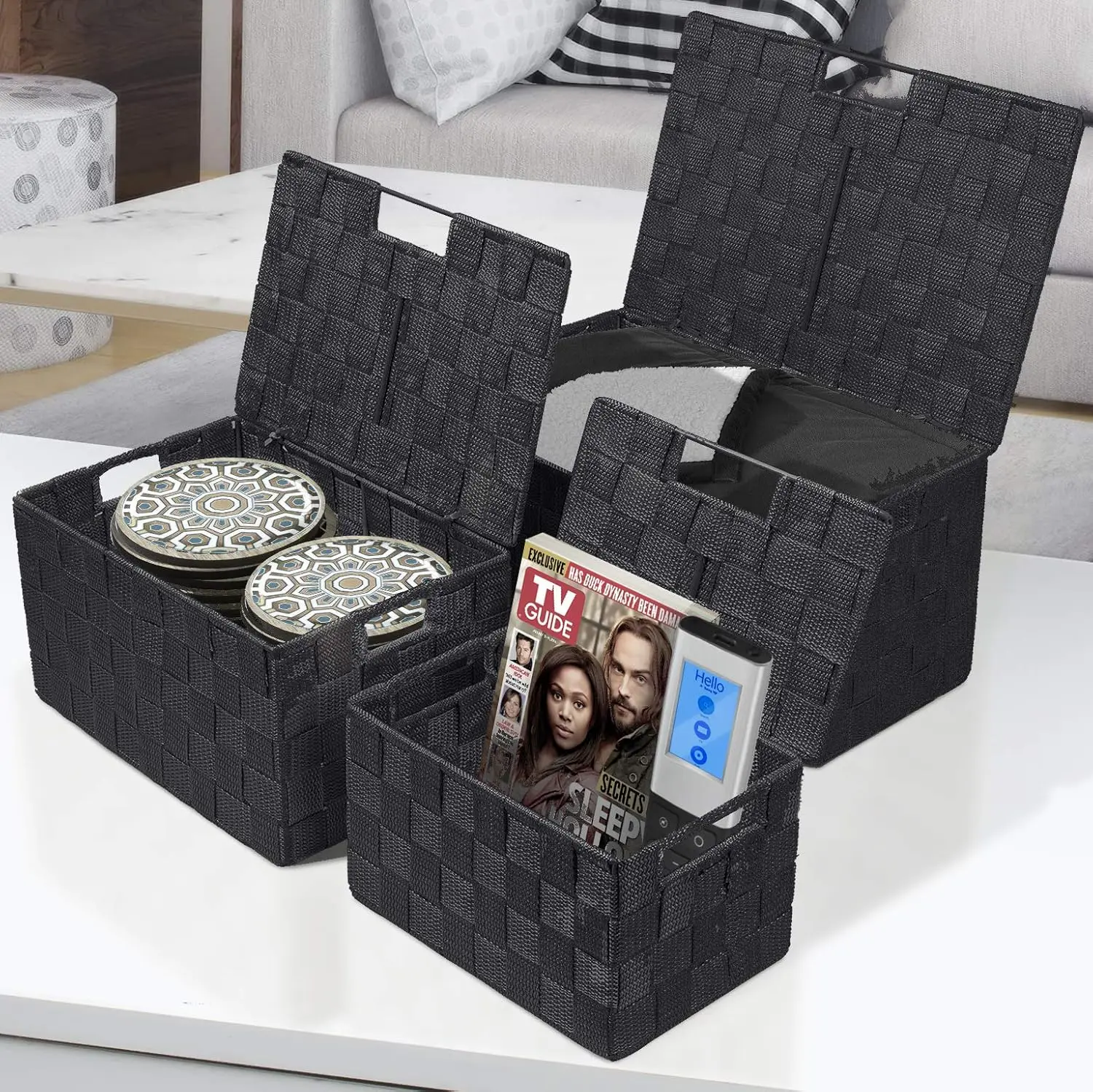 Storage Basket with Lid, Mesh Hand-Woven Basket, Decorative Storage Boxes with Lids, Wicker Basket Organizers for Storage
Storage Basket with Lid, Mesh Hand-Woven Basket, Decorative Storage Boxes with Lids, Wicker Basket Organizers for Storage