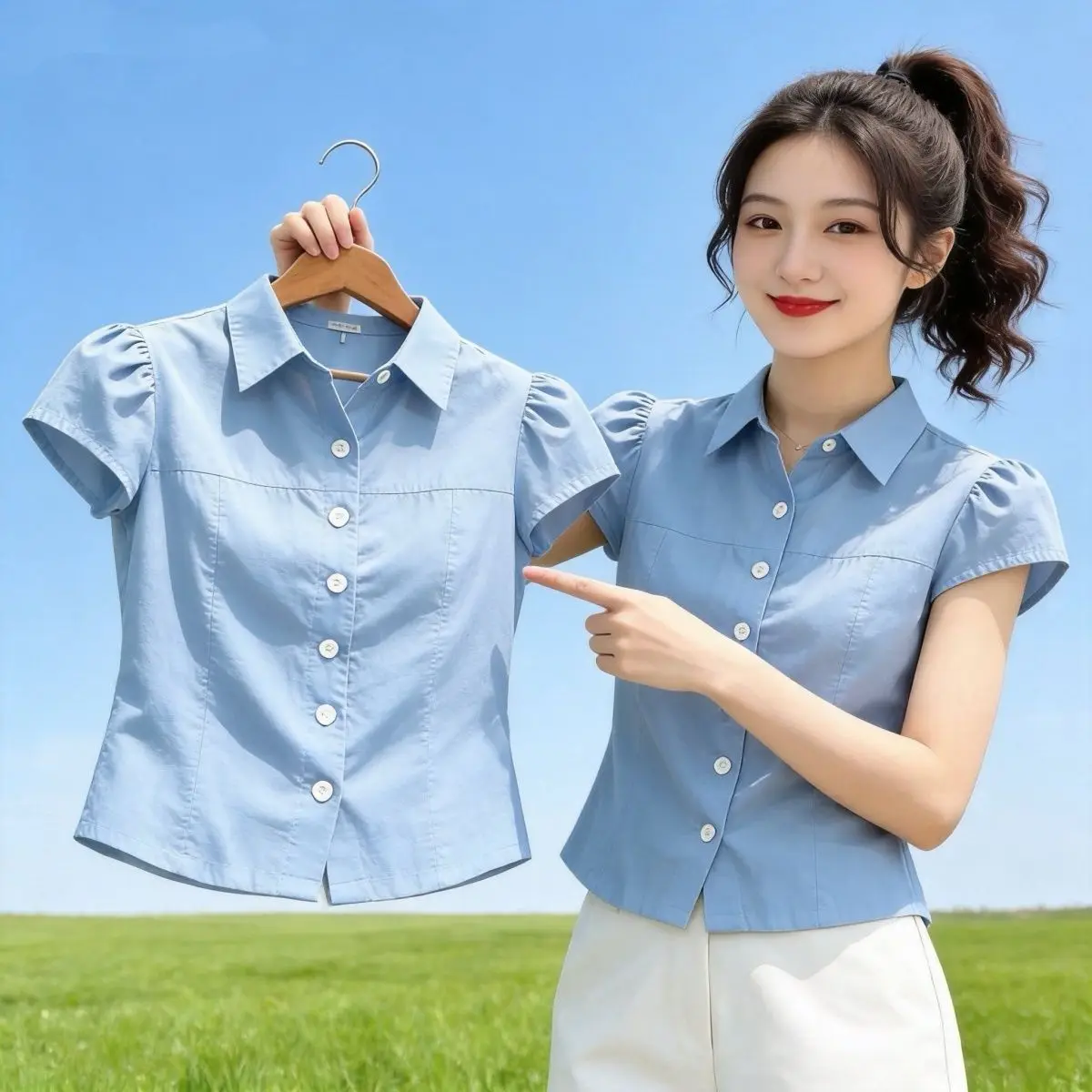 Retro Korean Style Women's Neck Short Sleeve Shirt Slim Fit Design Summer Fashionable Top Quality High End Short Length
Retro Korean Style Women's Neck Short Sleeve Shirt Slim Fit Design Summer Fashionable Top Quality High End Short Length