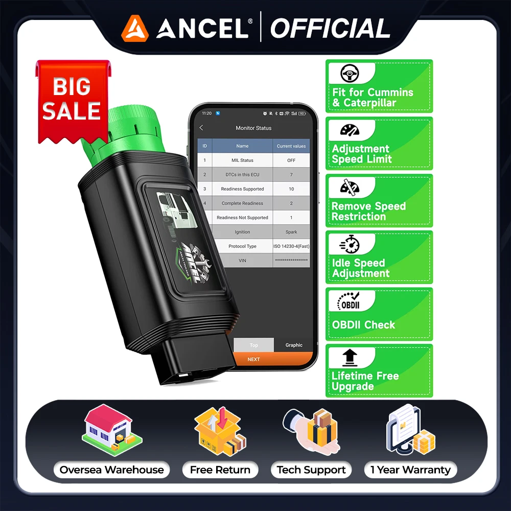 ANCEL HD200 OBD2 Heavy Duty Trucks Scanner All System Speed Limit Reset Diesel Truck Diagnostic Tools for Cummins Caterpillar
ANCEL HD200 OBD2 Heavy Duty Trucks Scanner All System Speed Limit Reset Diesel Truck Diagnostic Tools for Cummins Caterpillar