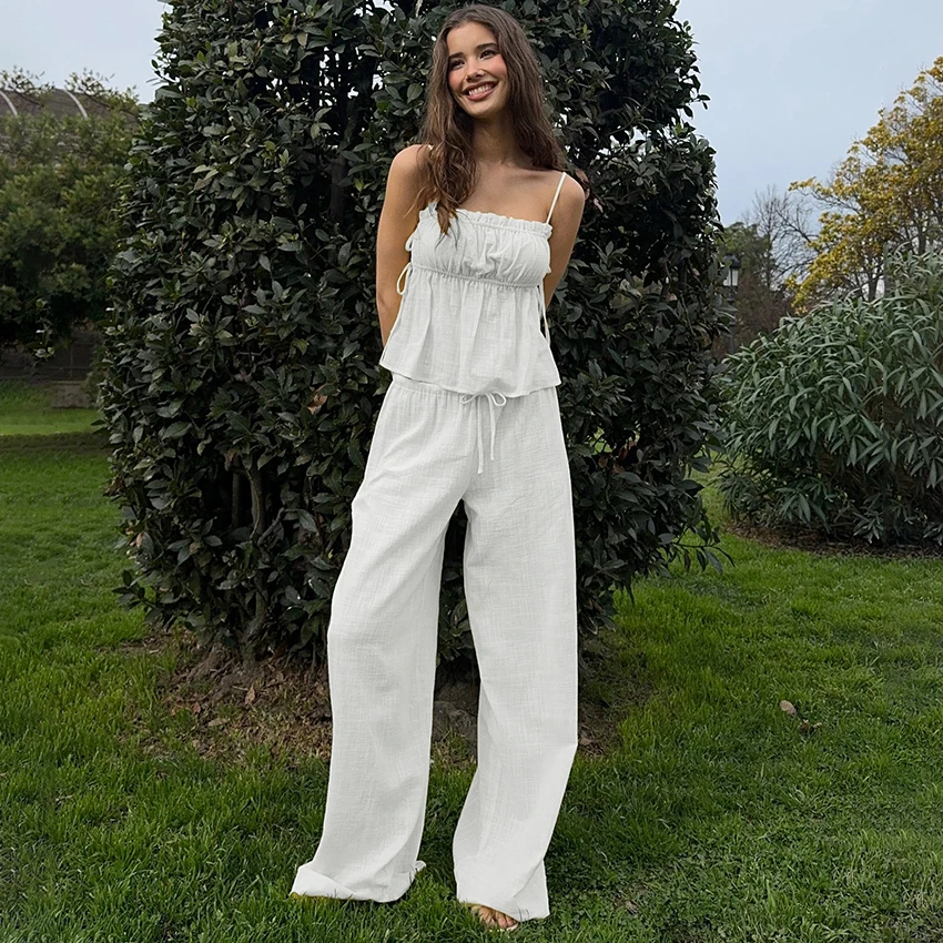 Linad Vintage Cotton Linen White Pants Suits Summer Spaghetti Strap Tops With Loose Trousers Two Piece Set Casual Outfits 2025
Linad Vintage Cotton Linen White Pants Suits Summer Spaghetti Strap Tops With Loose Trousers Two Piece Set Casual Outfits 2025