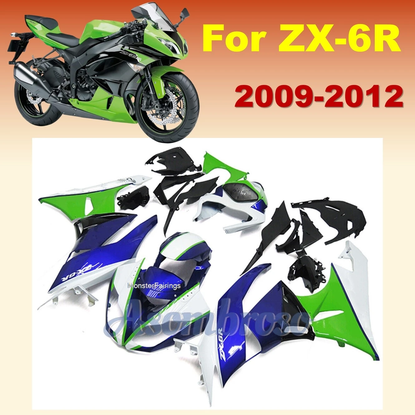 Sportbike Fairing kit for Kawasaki Ninja ZX6R 2009 2010 2011 2012 ZX-6R 09 10 11 12 ZX 6R 636 blue/green/white/black Bodywork YT
Sportbike Fairing kit for Kawasaki Ninja ZX6R 2009 2010 2011 2012 ZX-6R 09 10 11 12 ZX 6R 636 blue/green/white/black Bodywork YT