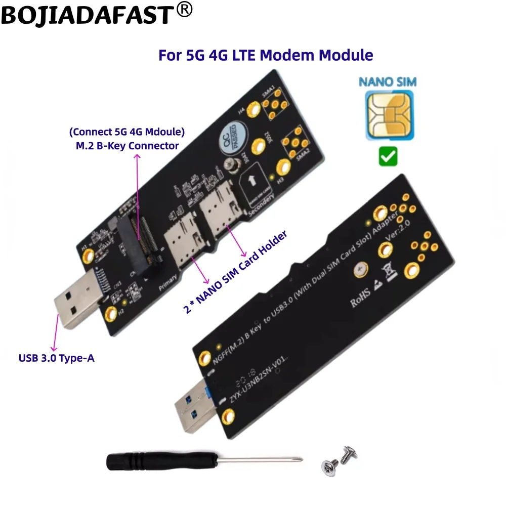 USB 3.0 Type-A Connector To NGFF M.2 B-Key Wireless Adapter With 2 NANO SIM Card Holder For 3042 3052 5G 4G LTE Modem Module
USB 3.0 Type-A Connector To NGFF M.2 B-Key Wireless Adapter With 2 NANO SIM Card Holder For 3042 3052 5G 4G LTE Modem Module