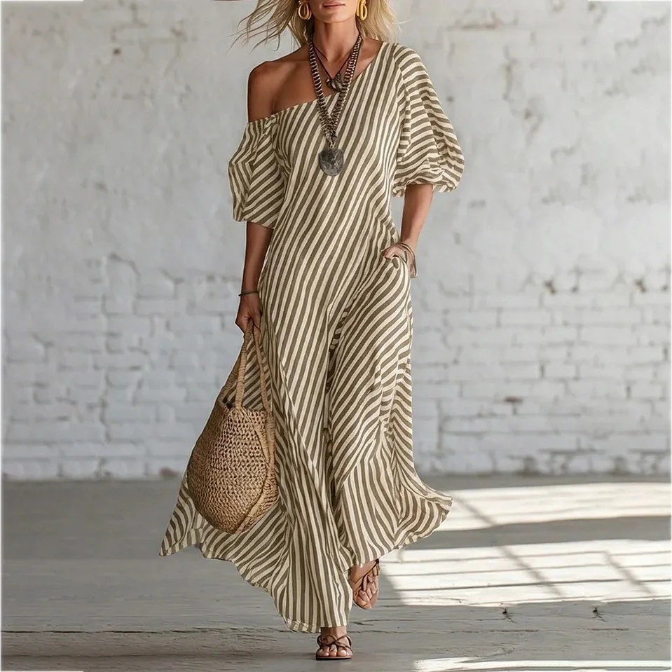 Summer Women New Off Shoulder Loose Beach Dresses Casual Slant Neck Short Sleeved Fashion Striped Printed Pocket Holiday Dress
Summer Women New Off Shoulder Loose Beach Dresses Casual Slant Neck Short Sleeved Fashion Striped Printed Pocket Holiday Dress