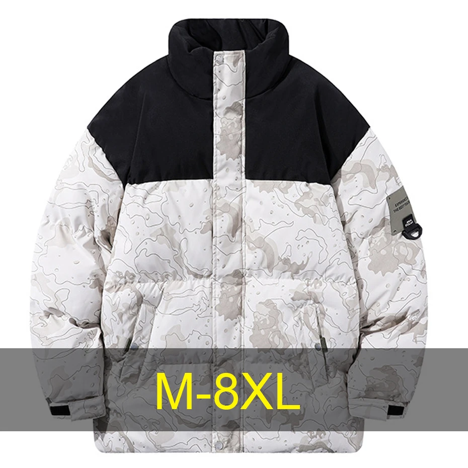 Зимние камуфляжные парки для мужчин 8XL, стеганая куртка больших размеров, пальто, мужская модная повседневная парка с воротником-стойкой, лоскутные куртки 
Зимние камуфляжные парки для мужчин 8XL, стеганая куртка больших размеров, пальто, мужская модная повседневная парка с воротником-стойкой, лоскутные куртки