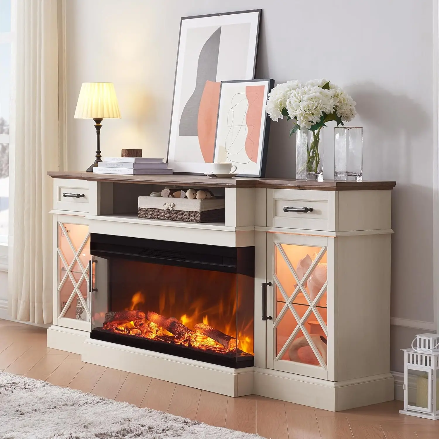 3-Sided Farmhouse Electric Fireplace TV Stand for TVs up to 80'', Highboy Entertainment Center with Glass Door Storage Cabinet
3-Sided Farmhouse Electric Fireplace TV Stand for TVs up to 80'', Highboy Entertainment Center with Glass Door Storage Cabinet