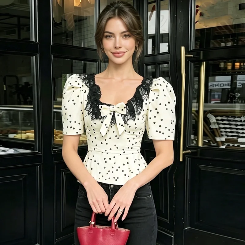 Talenza Summer Polka Dot Lace Top Women's Sexy Vintage V Neck Bow Ruched Patchwork Slim T-Shirts Fashion New Party Vacation Tops
Talenza Summer Polka Dot Lace Top Women's Sexy Vintage V Neck Bow Ruched Patchwork Slim T-Shirts Fashion New Party Vacation Tops
