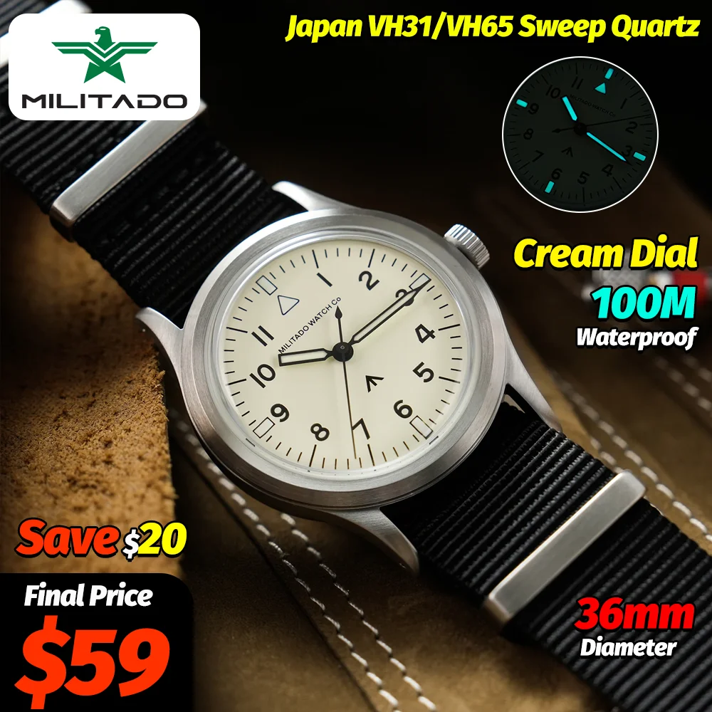 Militado ML14 Quartz Watch 36Mm Cream Dial VH31 Sweep Second K1/Sapphire 100M Waterproof BGW9/C3 Luminous Vintage Men Wristwatch
Militado ML14 Quartz Watch 36Mm Cream Dial VH31 Sweep Second K1/Sapphire 100M Waterproof BGW9/C3 Luminous Vintage Men Wristwatch