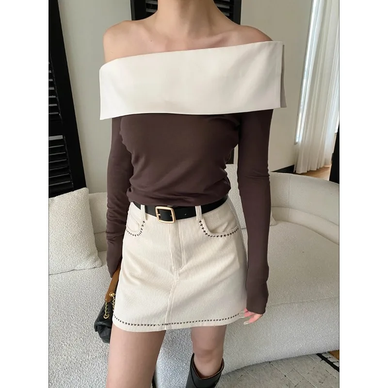 White Color Block Off Shoulder Long Sleeve Slim Fit Top For Women New Style Splicing Elegant Slim Fit T-Shirt Base Shirt 9IAD
White Color Block Off Shoulder Long Sleeve Slim Fit Top For Women New Style Splicing Elegant Slim Fit T-Shirt Base Shirt 9IAD