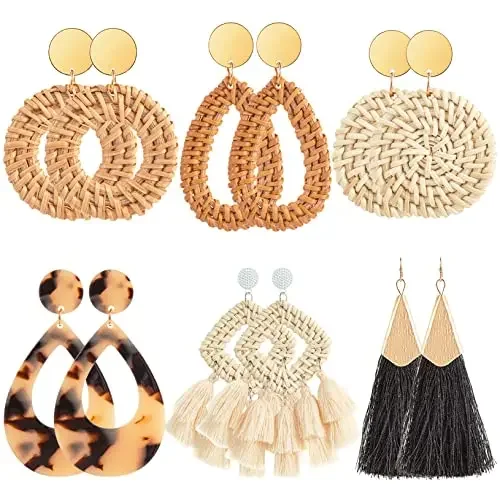 6 Pairs Round Teardrop Shaped Rattan Stud Earrings Black Fringed Drop Earrings Acrylic Water Drop Earrings for Women Set
6 Pairs Round Teardrop Shaped Rattan Stud Earrings Black Fringed Drop Earrings Acrylic Water Drop Earrings for Women Set
