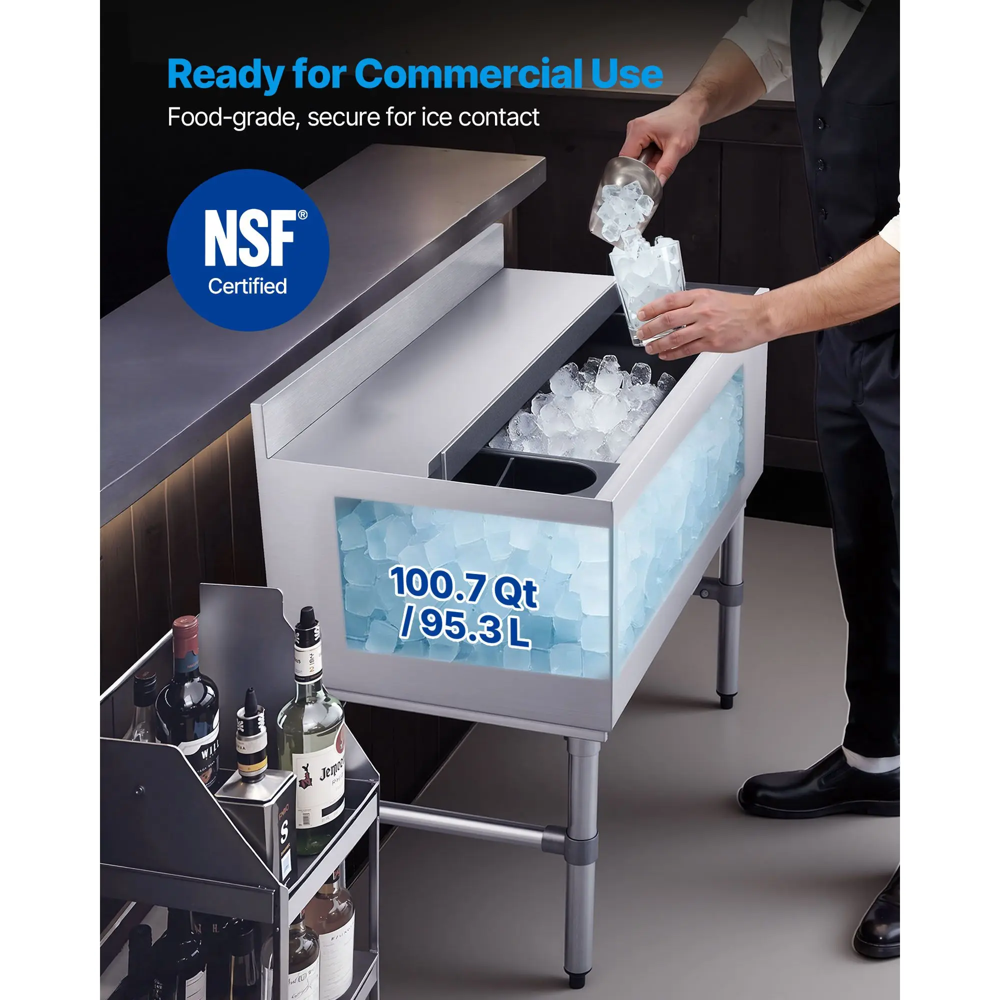Commercial Ice Bin, 100.7 Qt Max Capacity, 36 x 19 x 33 Inch Stainless Steel Ice Chest with Sliding Lid and Bottle Holders, Cooler Cart Cocktail Unit for Bar Restaurant Pub, NSF Certified
Commercial Ice Bin, 100.7 Qt Max Capacity, 36 x 19 x 33 Inch Stainless Steel Ice Chest with Sliding Lid and Bottle Holders, Cooler Cart Cocktail Unit for Bar Restaurant Pub, NSF Certified