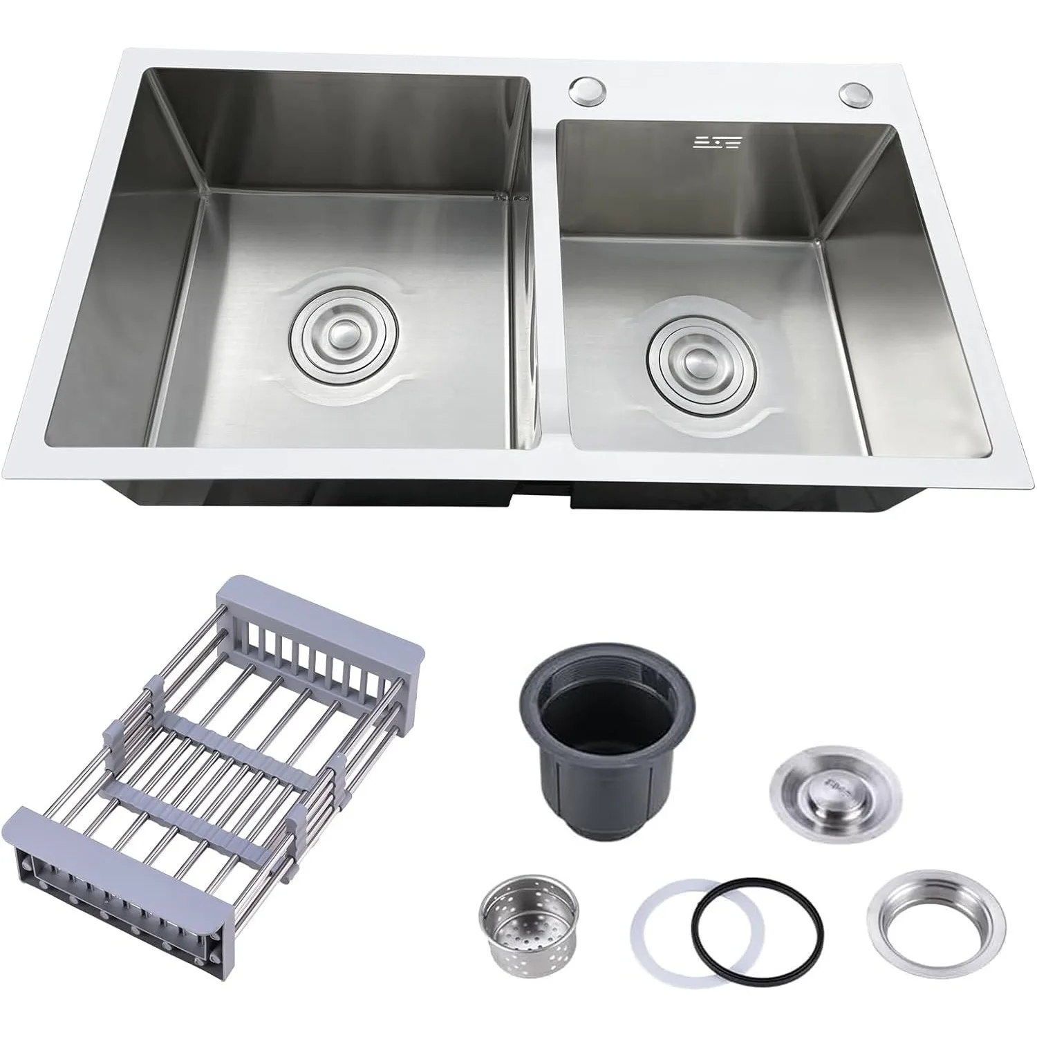 30.7x16.9 Inch Double Bowl Kitchen Sink with 18 Gauge, Topmount/Drop in Stainless Steel Kitchen Sink with Accessories (Silver)
30.7x16.9 Inch Double Bowl Kitchen Sink with 18 Gauge, Topmount/Drop in Stainless Steel Kitchen Sink with Accessories (Silver)
