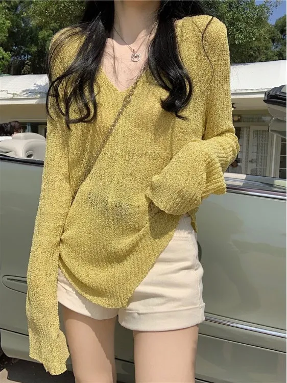 Lightweight V-Neck Knitted Top Women's Spring Summer Loose Style Sun Protection Yellow Color Commute Fashion Korean Version
Lightweight V-Neck Knitted Top Women's Spring Summer Loose Style Sun Protection Yellow Color Commute Fashion Korean Version