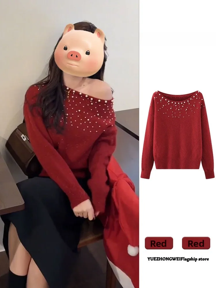 Red Asymmetrical oulder Pearl Sweater Women's Autumn Winter Lazy Sle oulder Exposure Knitted Top New Year Celebration
Red Asymmetrical oulder Pearl Sweater Women's Autumn Winter Lazy Sle oulder Exposure Knitted Top New Year Celebration