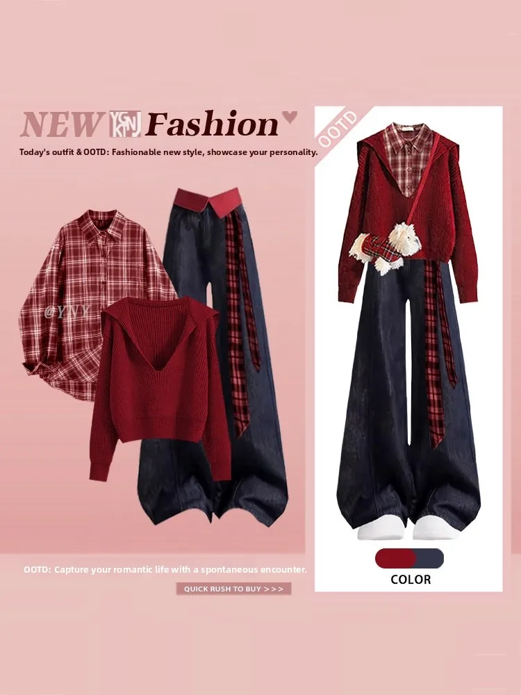 2026 New Red Knitted Hat Sweater Plaid Wide Leg Pants Three Piece Set Sweet Cool Street Fashion Matching Women's Ensemble
2026 New Red Knitted Hat Sweater Plaid Wide Leg Pants Three Piece Set Sweet Cool Street Fashion Matching Women's Ensemble