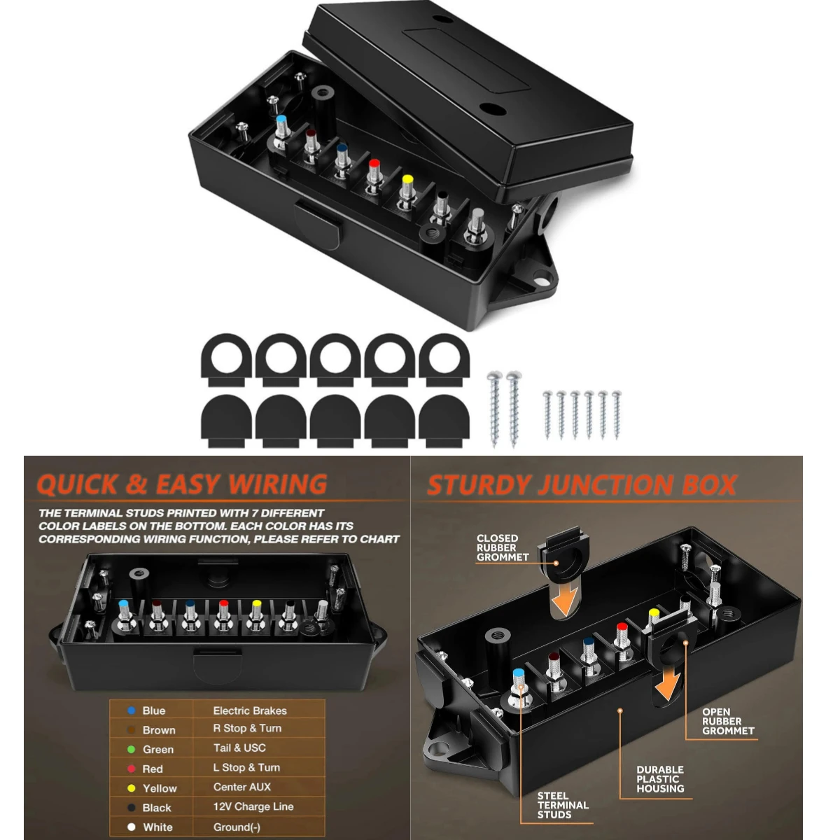 7-Way Trailer Junction Box Kit with 7 Terminal Studs, Heavy-Duty Weatherproof Wiring Box for RV Camper Trailer Light Rewiring
7-Way Trailer Junction Box Kit with 7 Terminal Studs, Heavy-Duty Weatherproof Wiring Box for RV Camper Trailer Light Rewiring