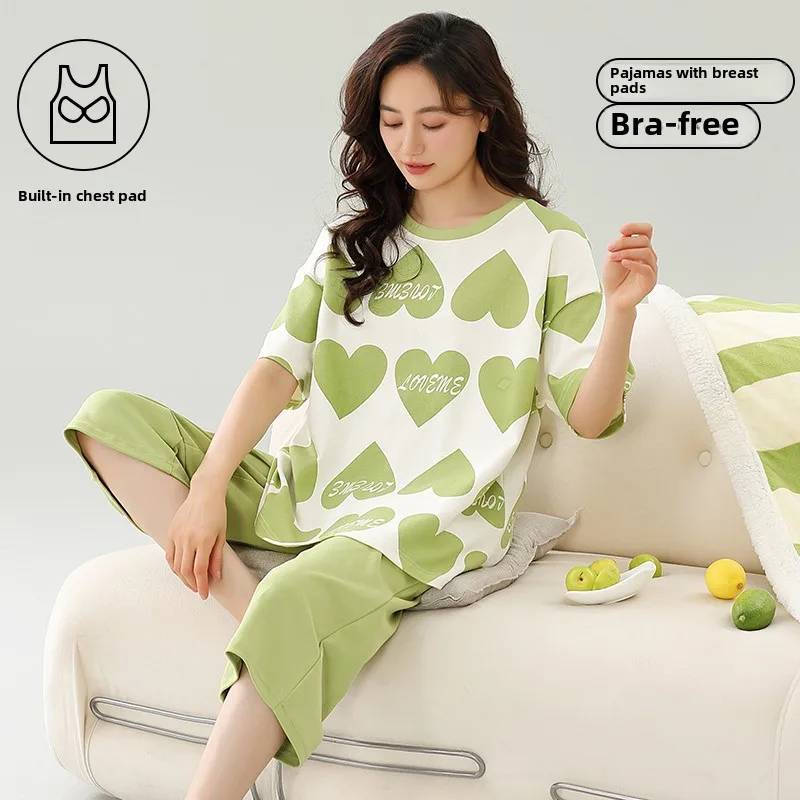 2025 summer Women Pajamas Set with chest pad Soft loose Short Sleeve Tops and Capri pants Two Pieces sleepwear Lingerie Homewear
2025 summer Women Pajamas Set with chest pad Soft loose Short Sleeve Tops and Capri pants Two Pieces sleepwear Lingerie Homewear
