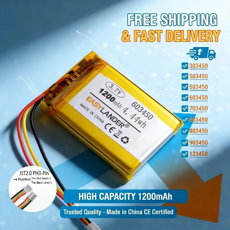JST 2.0mm 3Pin 3.7V 700mAh LiPo Battery 303450 403450 503450 123450 Lithium Polymer Li-ion Battery for Small Electronics & Toys
JST 2.0mm 3Pin 3.7V 700mAh LiPo Battery 303450 403450 503450 123450 Lithium Polymer Li-ion Battery for Small Electronics & Toys