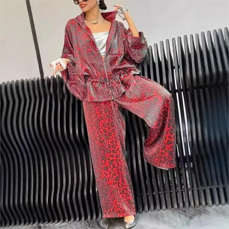 Spring Autumn Fashion Leopard Print 2 Piece Sets Women Fall Lapel Zipper Drawstring Coat Wide-leg Pants Outfit Long Sleeve Suit
Spring Autumn Fashion Leopard Print 2 Piece Sets Women Fall Lapel Zipper Drawstring Coat Wide-leg Pants Outfit Long Sleeve Suit