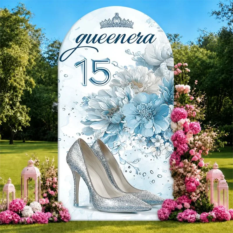 Single Side Arch Backdrop Cover Elegant 15th Birthday Background Banner Featuring Silver Heels Blue Floral Design Crown Motif
Single Side Arch Backdrop Cover Elegant 15th Birthday Background Banner Featuring Silver Heels Blue Floral Design Crown Motif