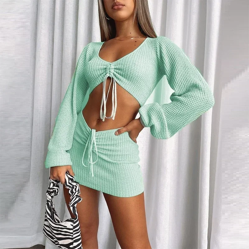 Long-sleeved Blouse Solid Color Hollow Umbilical Lace Sexy Short Skirt Two-piece Female 2023 Women's Fashion Autumn New Suit
Long-sleeved Blouse Solid Color Hollow Umbilical Lace Sexy Short Skirt Two-piece Female 2023 Women's Fashion Autumn New Suit