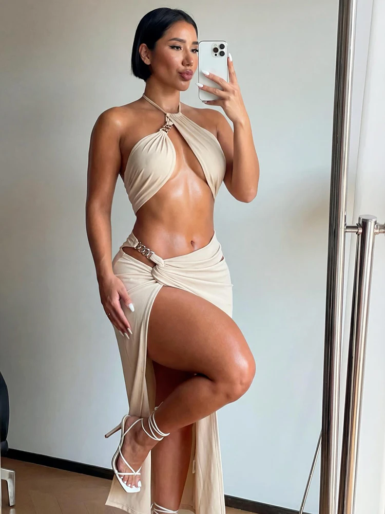 Nibber Chic 2 Piece Set Woman Metal Chain Patchwork Halter Off Shoulder Irregular Tank Tops+High Splits Long Skirts Sexy Outfits
Nibber Chic 2 Piece Set Woman Metal Chain Patchwork Halter Off Shoulder Irregular Tank Tops+High Splits Long Skirts Sexy Outfits