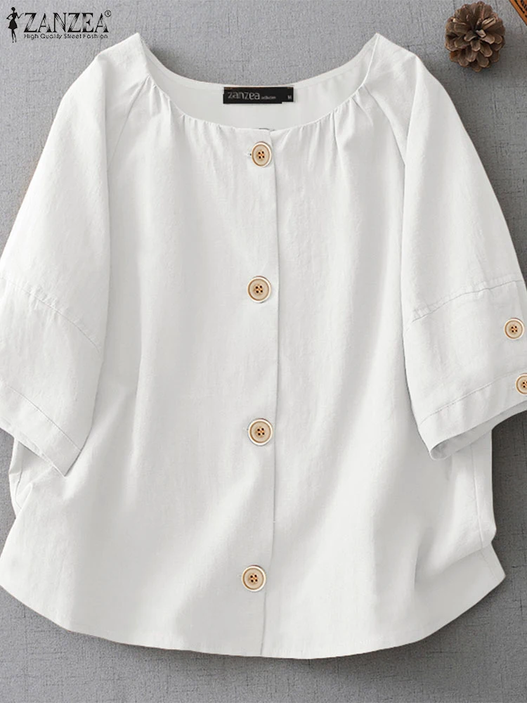 Solid Vintage Shirts Women Casual Loose Tops Fashion Three Quarter Sleeve Oversized O Neck Tops Buttons Blusas 2025 ZANZEA
Solid Vintage Shirts Women Casual Loose Tops Fashion Three Quarter Sleeve Oversized O Neck Tops Buttons Blusas 2025 ZANZEA