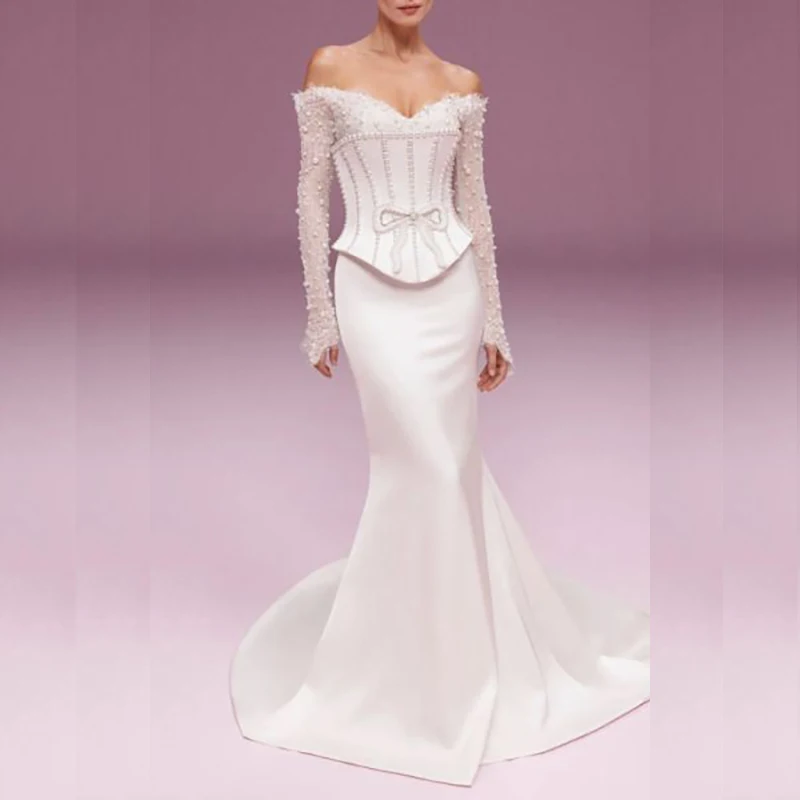 Luxury Pearls Prom Dresses White Off the Shoulder Long Sleeve Chapel Train Draped Dress Elegant Women Lace Gowns Vestidos
Luxury Pearls Prom Dresses White Off the Shoulder Long Sleeve Chapel Train Draped Dress Elegant Women Lace Gowns Vestidos