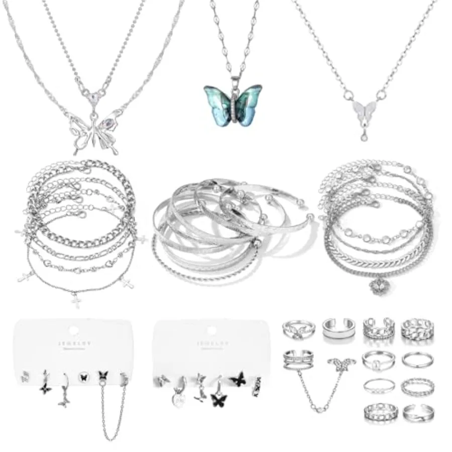 17IF 53 PCS 8 PACK Silver Plated Jewelry Set with 6 Necklace 11 Ankle Bracelet 30 Kunckle Ring 6 Pair Earring hoop Vintage Boho
17IF 53 PCS 8 PACK Silver Plated Jewelry Set with 6 Necklace 11 Ankle Bracelet 30 Kunckle Ring 6 Pair Earring hoop Vintage Boho