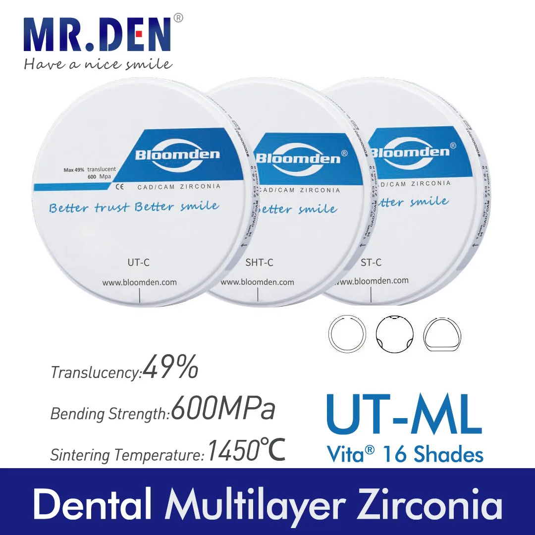 1Pcs CAD CAM Multilayer Zirconia 4 Layer Natural Transition 650Mpa UT-ML Oral Materials Prosthetics
1Pcs CAD CAM Multilayer Zirconia 4 Layer Natural Transition 650Mpa UT-ML Oral Materials Prosthetics
