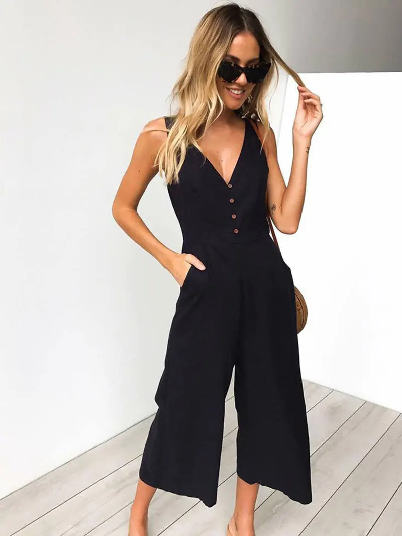 Сексуальное боди, женские комбинезоны, модный комбинезон с карманами и v-образным вырезом на пуговицах, с открытой спиной, однотонная женская уличная одежда 
Сексуальное боди, женские комбинезоны, модный комбинезон с карманами и v-образным вырезом на пуговицах, с открытой спиной, однотонная женская уличная одежда