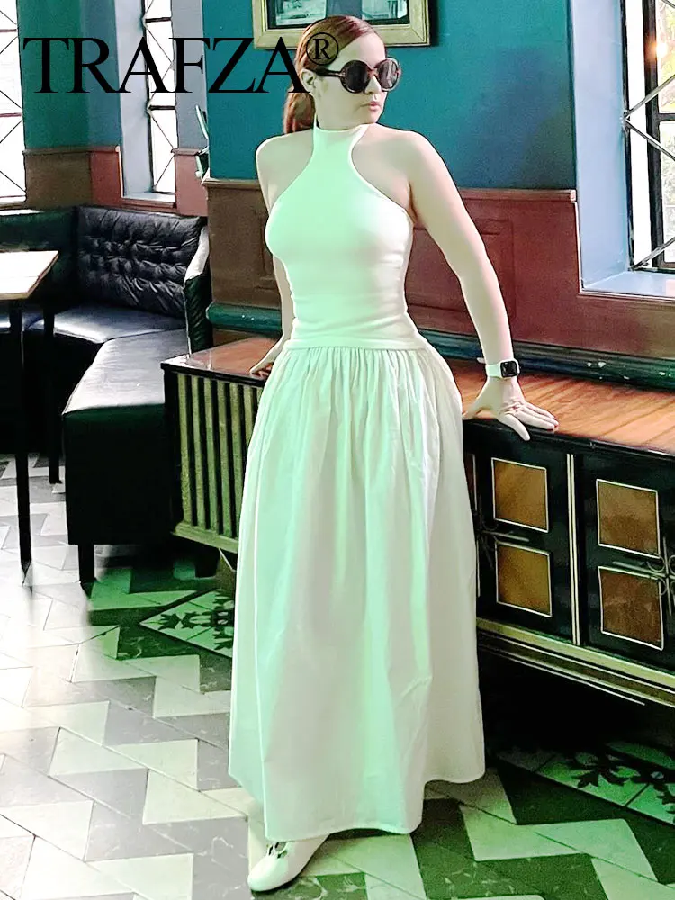 TRAFZA Summer Elegant Midi Dress Solid Backless Spliced High Waist Slim Sleeveless Halter Neck Collar Women's Fashion Dresses
TRAFZA Summer Elegant Midi Dress Solid Backless Spliced High Waist Slim Sleeveless Halter Neck Collar Women's Fashion Dresses