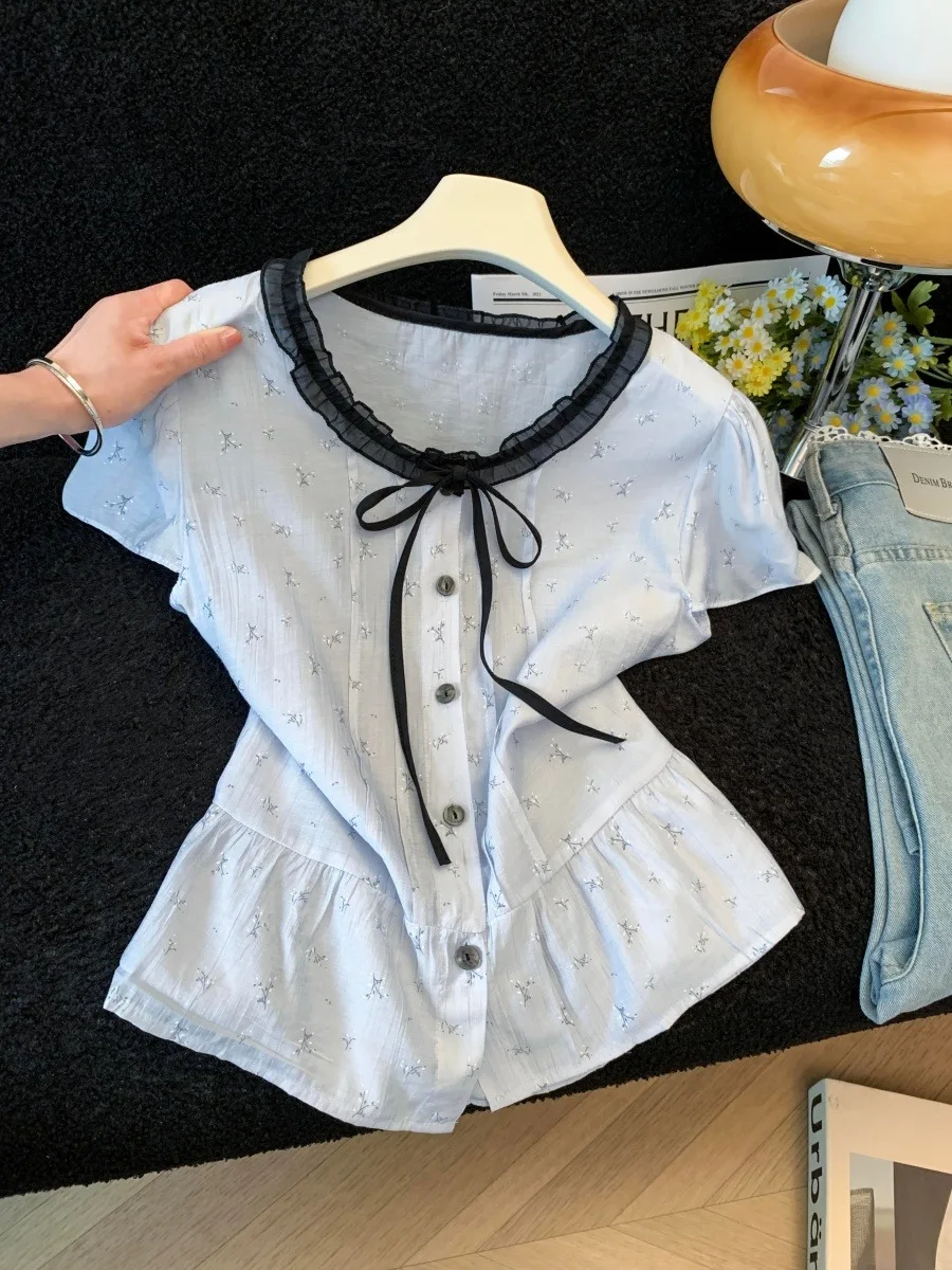 Cute Floral Print Short Sleeve Shirt Women's Summer Anti-Aging Pretty Doll Shirt Color Block Top Button-Down Korean Style
Cute Floral Print Short Sleeve Shirt Women's Summer Anti-Aging Pretty Doll Shirt Color Block Top Button-Down Korean Style