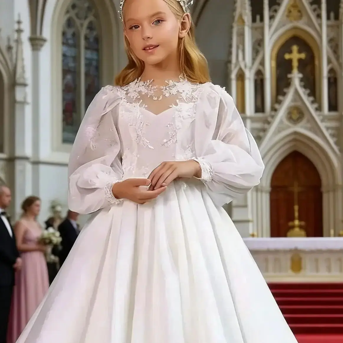 Glitter Elegant Satin Flower Girl Dresses for Wedding Long Sleeves Appliques Tulle Kids First Communion Ball Gown Custom
Glitter Elegant Satin Flower Girl Dresses for Wedding Long Sleeves Appliques Tulle Kids First Communion Ball Gown Custom