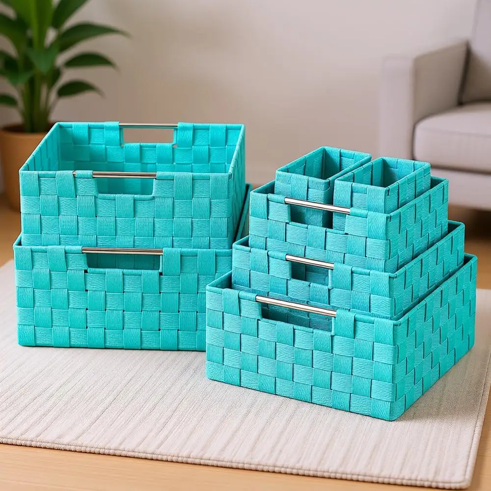 Set of 7 Hand-Woven Mesh Linen Storage Baskets, Aqua, for Closet and Home Organization
Set of 7 Hand-Woven Mesh Linen Storage Baskets, Aqua, for Closet and Home Organization