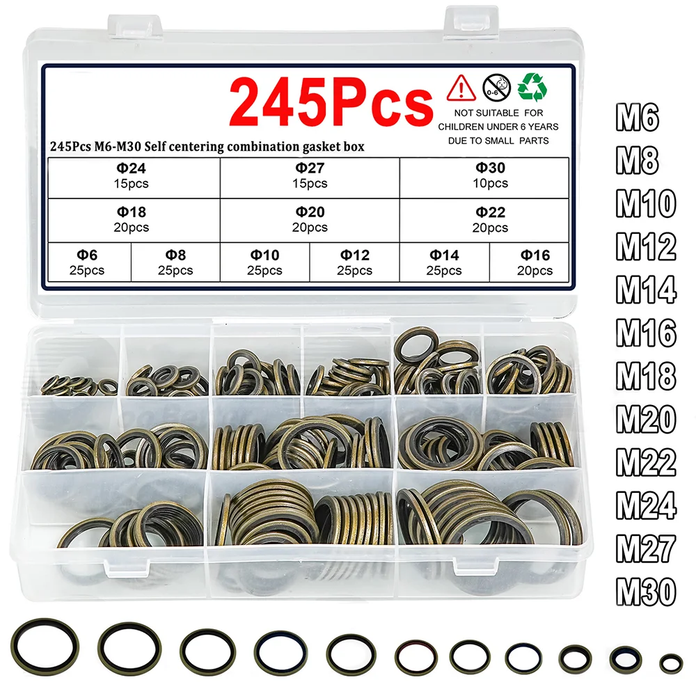 245Pcs Bonded Dowty Washers Sealing Oil Gasket Bonded Seals with Nitrile Rubber M6 M8 M10 M12 M14 M16 M18 M20 M22 M24 M27 M30
245Pcs Bonded Dowty Washers Sealing Oil Gasket Bonded Seals with Nitrile Rubber M6 M8 M10 M12 M14 M16 M18 M20 M22 M24 M27 M30