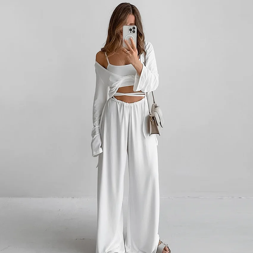 New 2026 Spring Summer Long Pants Long Sleeve Shirt +Wide Leg Pant +Bra Women 3-Piece Set Fashionable Home Clothes Loungewear
New 2026 Spring Summer Long Pants Long Sleeve Shirt +Wide Leg Pant +Bra Women 3-Piece Set Fashionable Home Clothes Loungewear