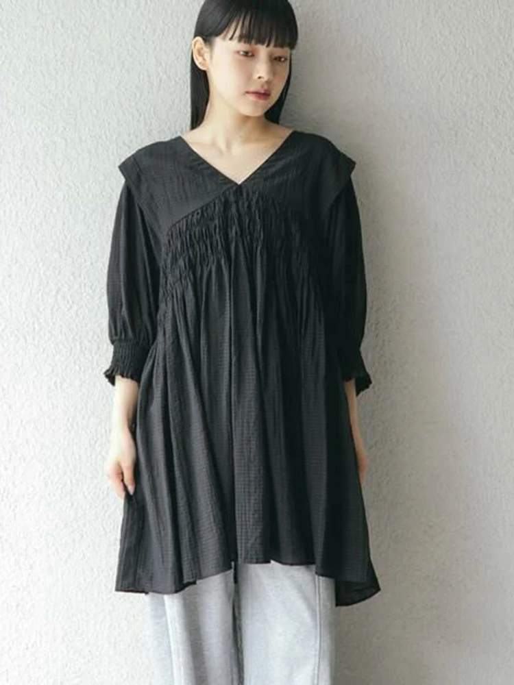 Japanese Style Doll Shirt A-Line Top V-Neck Skirt Design Elastic Bubble Sleeve Five-Quarter Length Women's Summer Shirt
Japanese Style Doll Shirt A-Line Top V-Neck Skirt Design Elastic Bubble Sleeve Five-Quarter Length Women's Summer Shirt