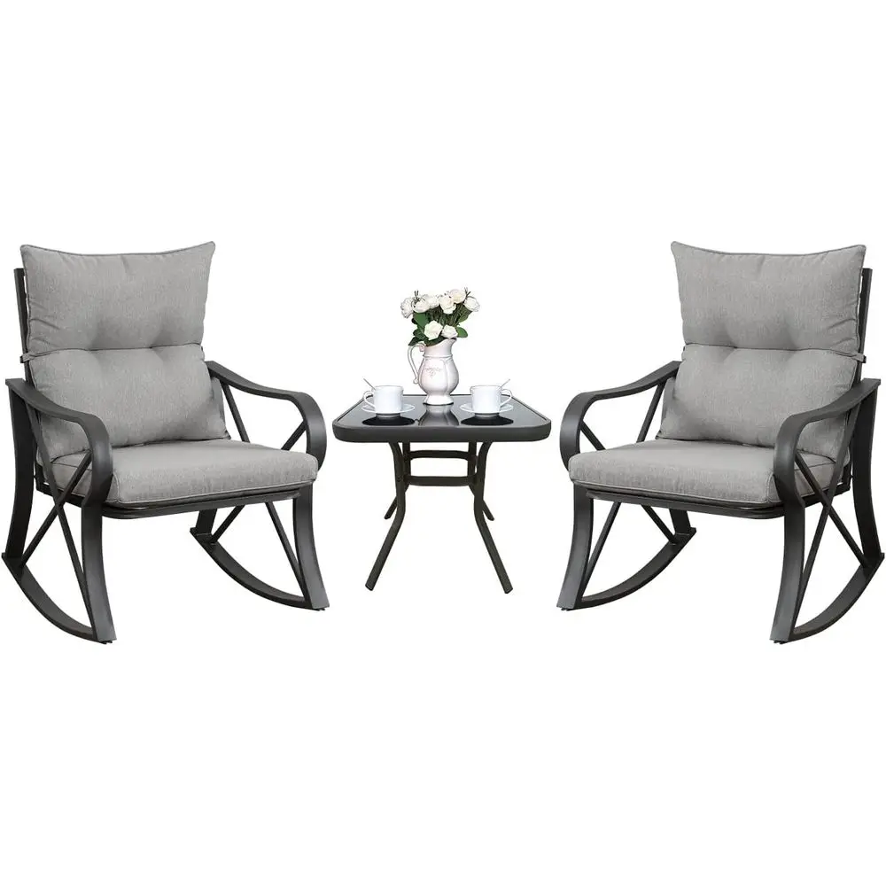 Outdoor Patio Rocking Chair Set with Gray Cushions and Glass-Top Table for Garden, Pool, Backyard
Outdoor Patio Rocking Chair Set with Gray Cushions and Glass-Top Table for Garden, Pool, Backyard