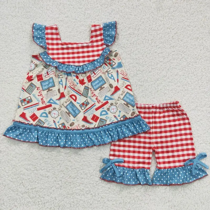 Wholesale Back to School Toddler Baby Girl Kid Summer Outfit Children Short Sleeves Tunic Tops Plaid Ruffle Shorts Set
Wholesale Back to School Toddler Baby Girl Kid Summer Outfit Children Short Sleeves Tunic Tops Plaid Ruffle Shorts Set