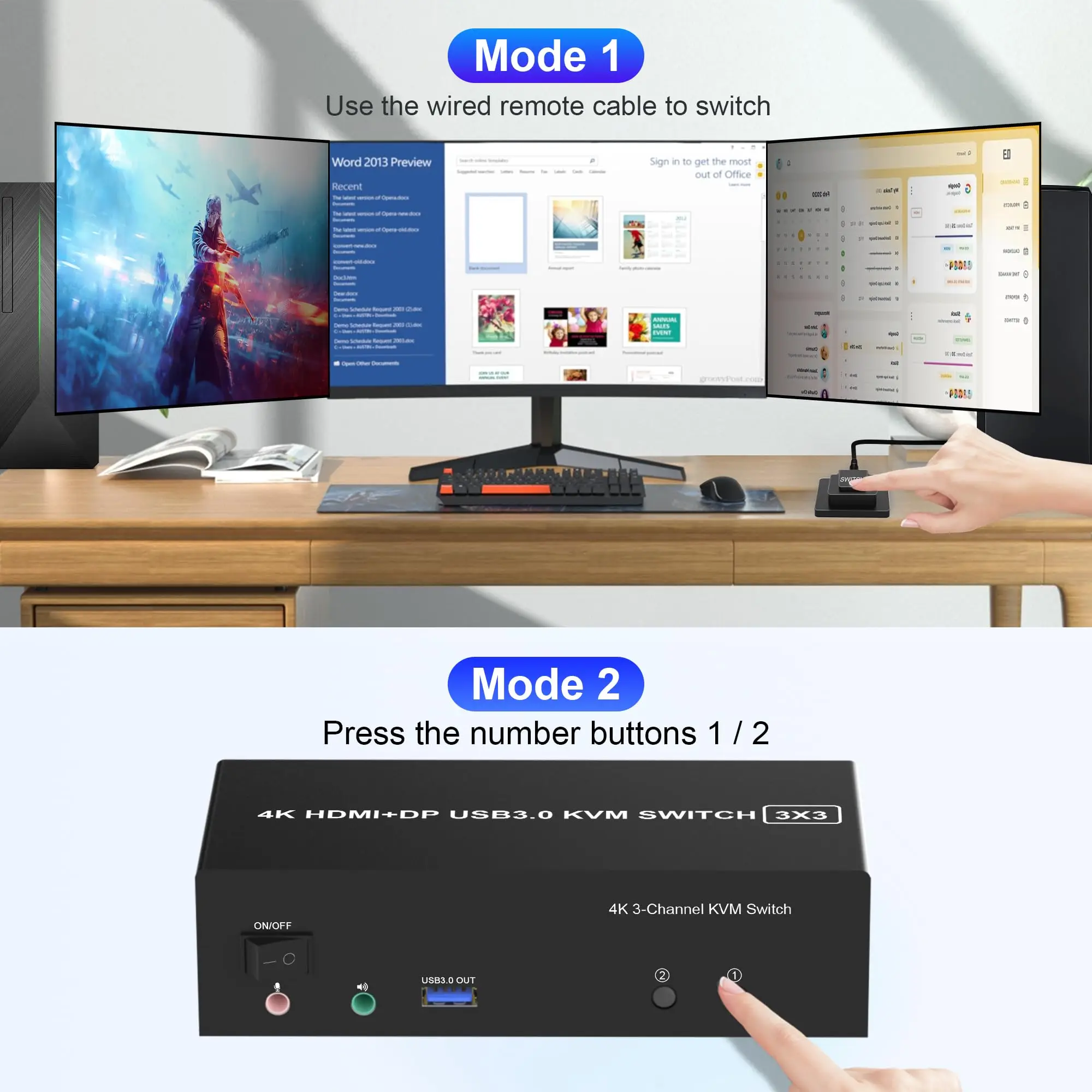 КВМ-переключатель USB 3.0, тройной монитор для 2 компьютеров, 4K при 60 Гц HDMI Displayport KVM-переключатель 2 ПК, 3 монитора с выходным портом 3/4 USB 3.0
КВМ-переключатель USB 3.0, тройной монитор для 2 компьютеров, 4K при 60 Гц HDMI Displayport KVM-переключатель 2 ПК, 3 монитора с выходным портом 3/4 USB 3.0