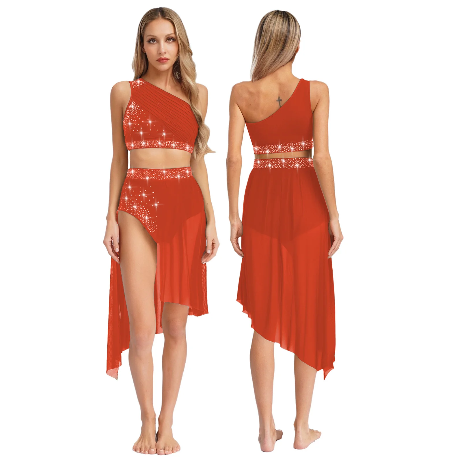 Womens Modern Lyrical Dance Performance Costume One Shoulder Ruched Mesh Overlay Rhinestones Crop Top+Split Irregular Hem Skirt
Womens Modern Lyrical Dance Performance Costume One Shoulder Ruched Mesh Overlay Rhinestones Crop Top+Split Irregular Hem Skirt