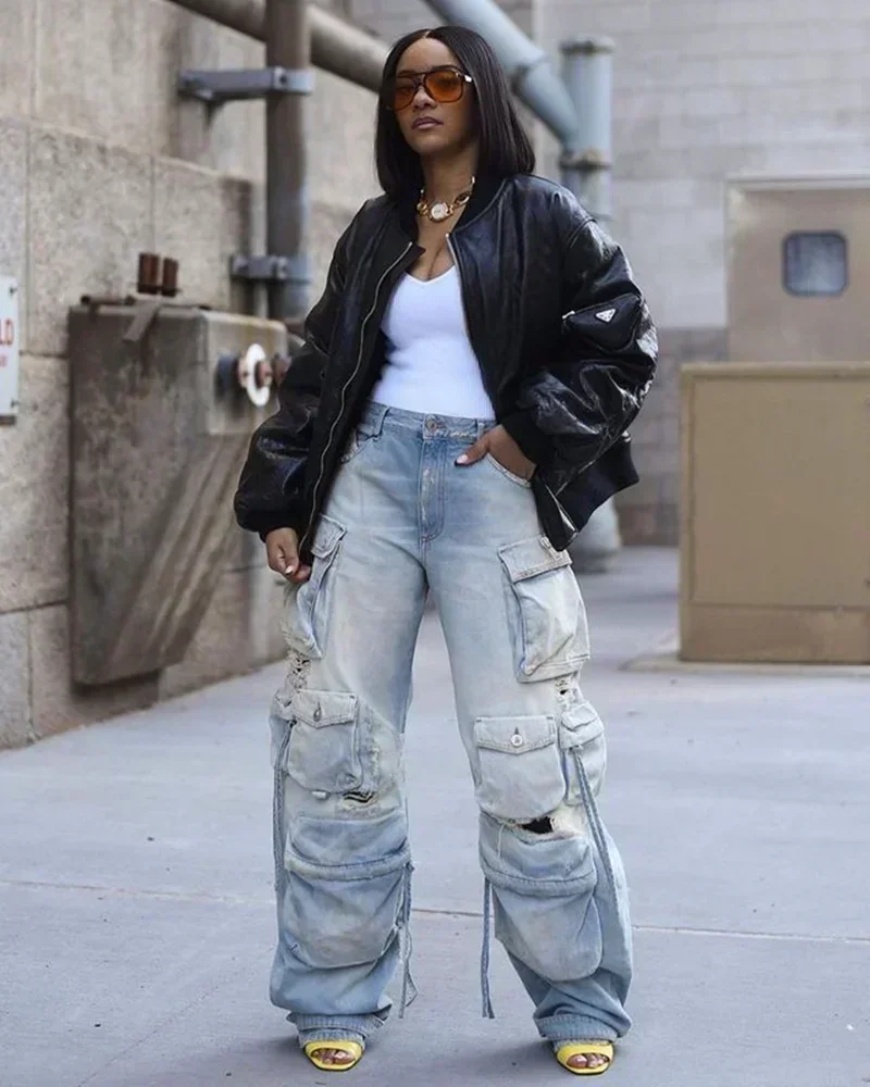 GUWU Safari Style Ripped Out Drawstring Hem Elastic Waist Multi Pocke Denim Pants Women Fashion Cargo Jeans Trousers
GUWU Safari Style Ripped Out Drawstring Hem Elastic Waist Multi Pocke Denim Pants Women Fashion Cargo Jeans Trousers