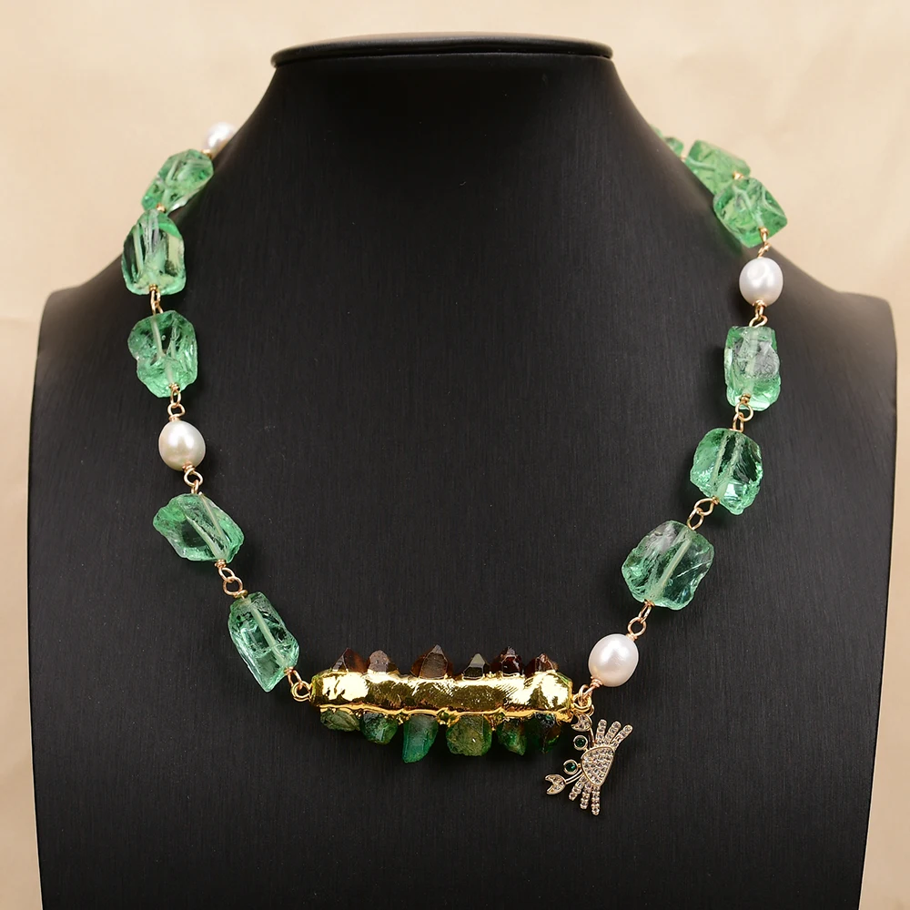 G-G 19'' Natural Green Glass Rough Nugget White Keshi Pearl Necklace Mix Color Quartz Pendant
G-G 19'' Natural Green Glass Rough Nugget White Keshi Pearl Necklace Mix Color Quartz Pendant