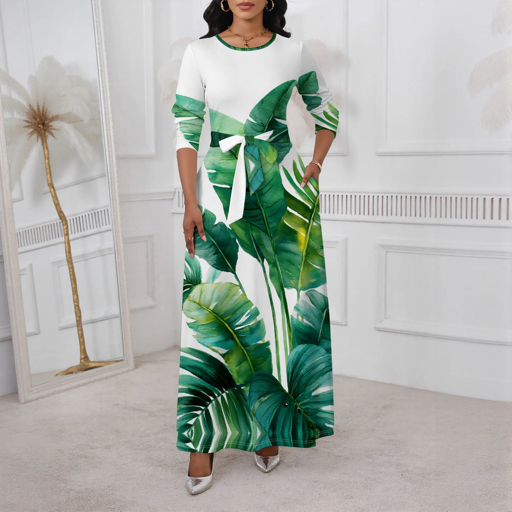 Tropical Leaf Maxi Dress XS-3XL Belted Long Sleeve Crew Neck Style for Garden Tour, Island Vacation or Fall Guest Look
Tropical Leaf Maxi Dress XS-3XL Belted Long Sleeve Crew Neck Style for Garden Tour, Island Vacation or Fall Guest Look